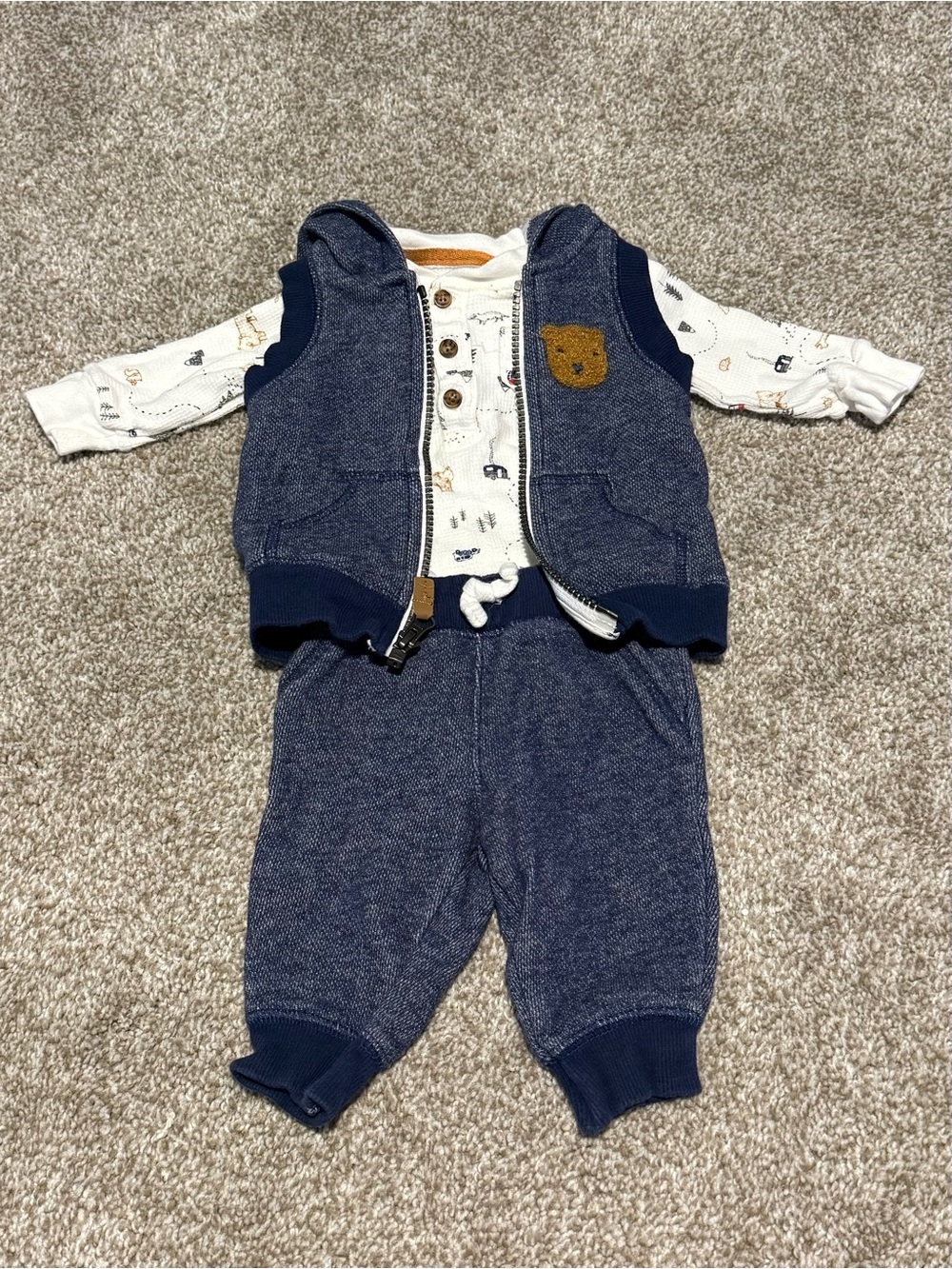 Carter's Navy Hooded Vest, Navy Joggers & Printed Bodysuit Set